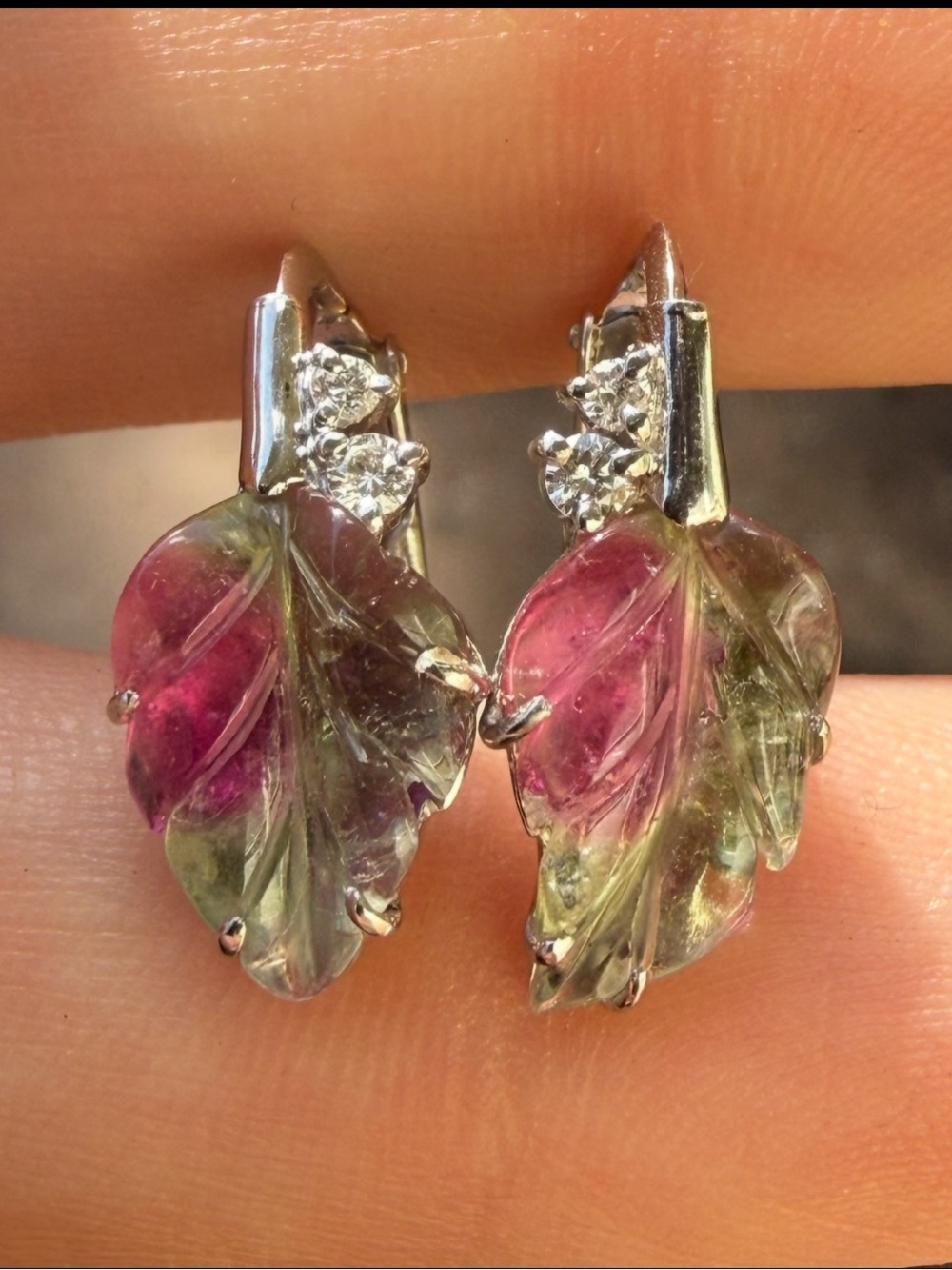 Vintage solid platinum genuine VS diamond/ watermelon tourmaline leaf earrings